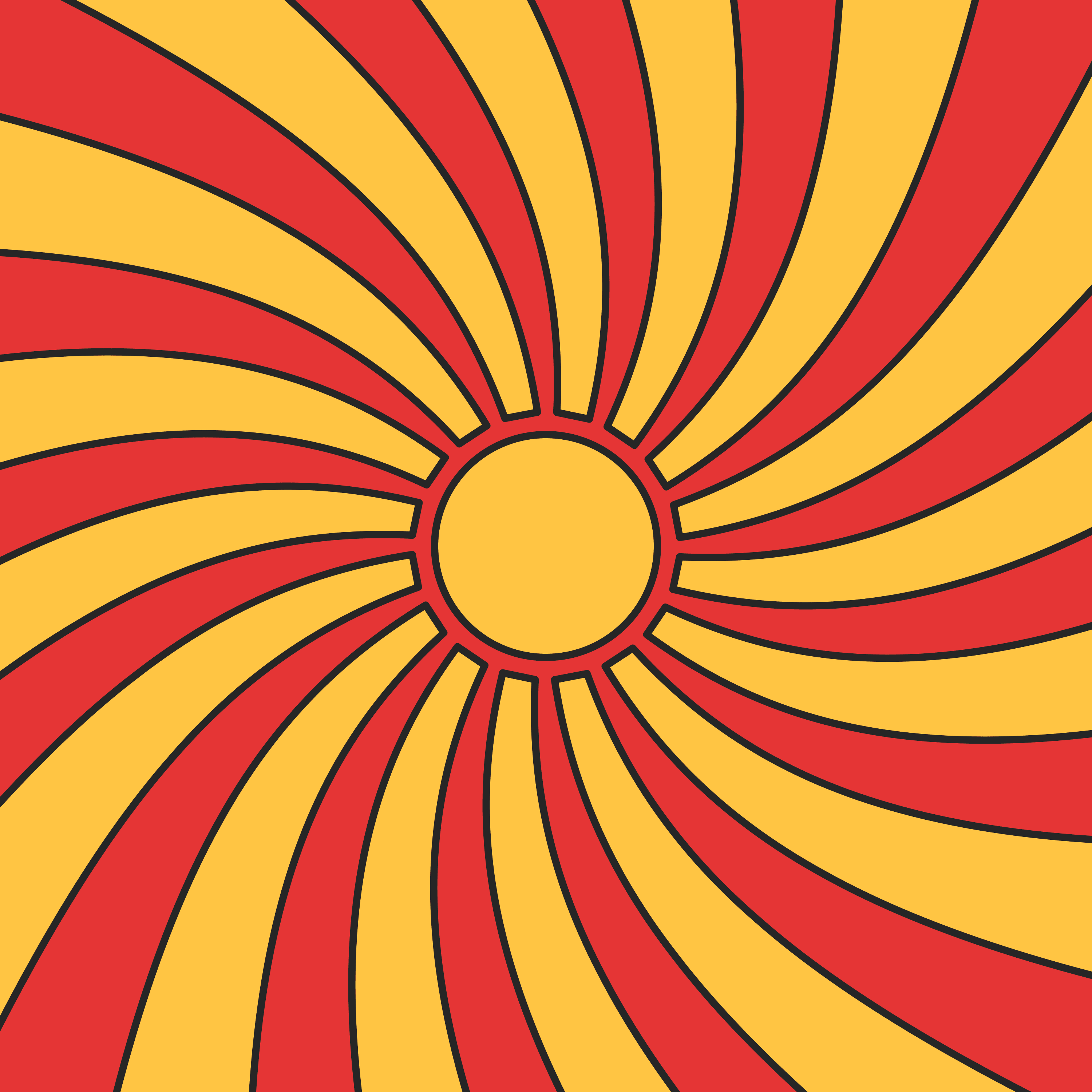 Red and yellow lines spiral around a central circle