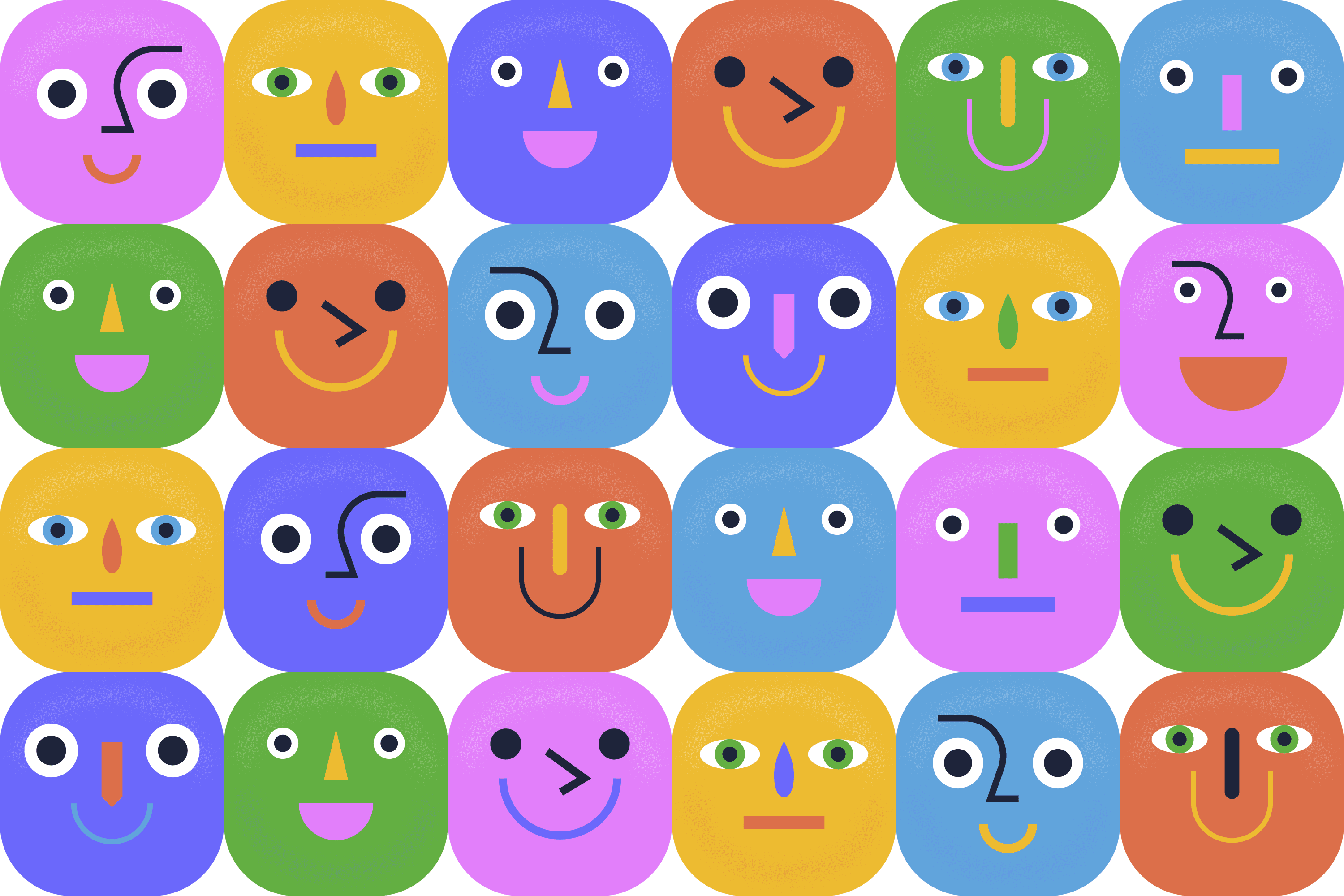 Colorful abstract faces with varied expressions